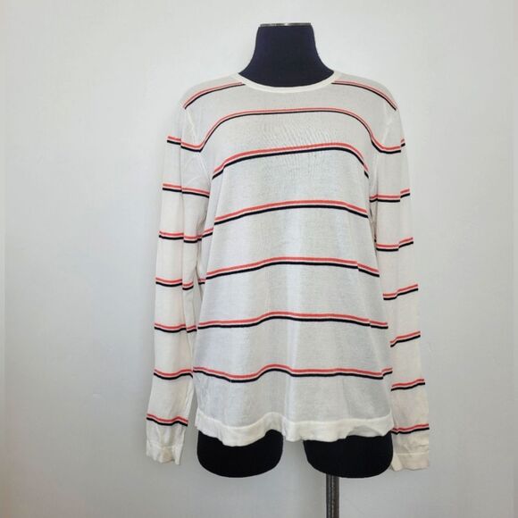 Bass Sweaters - Bass Striped Cotton Knit Top Lightweight Pink White Spring Preppy Large Women's